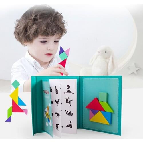 Kids Magnetic 3D Puzzle Jigsaw Tangram Thinking Training Game Baby Montessori Geometry Cognitive Learning Educational Wooden Toy