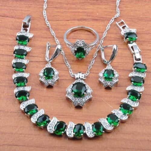 Russian style With Natural Stones Green Jewelry Sets Silver Color Fashion Costume Accessories For Women Christmas Gift JS484