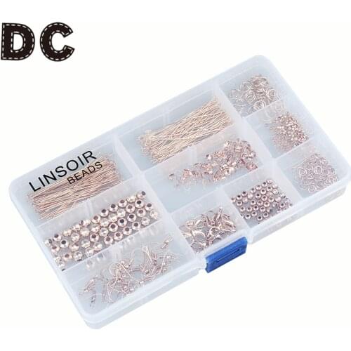 1Set Gold Antique Bronze Color Bead Caps Jump Rings Head Pins Ear Wires Lobster Claps Jewelry Making Findings Kit Accessories