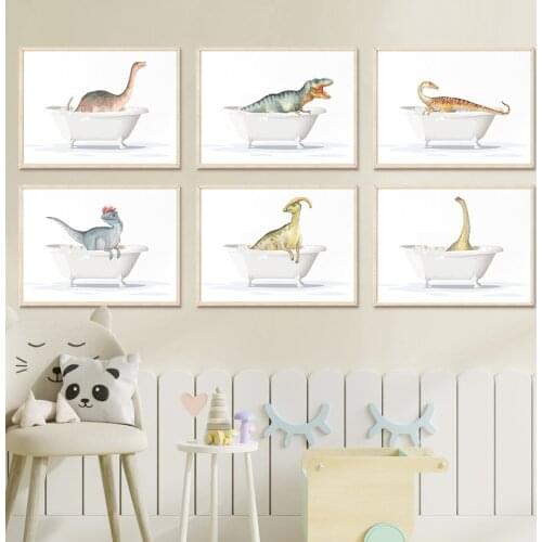 Toilet Bathtub Cartoon Dinosaur Nursery Wall Art Canvas Painting Nordic Posters And Prints Wall Pictures Kids Kawaii Room Decor