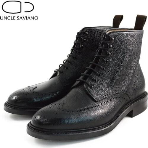 Uncle Saviano Brogue Lace Up Winter Mens Boots Shoes Add Velvet Work Boots Genuine Leather Fashion Designer Men Shoes Non-Slip