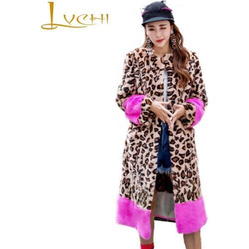 LVCHI 2019 Winter Leopard Print Contrast Color Mink Coats Real Fur Striped O-Neck Natural Fur Mink Womens Pink Long Mink Coat