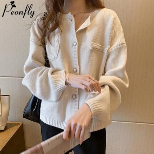 PEONFLY Fashion Cardigan Women O Neck Knitted Sweater Coat Long Sleeve Tops Single Breasted Casual Solid Color Jacket Red