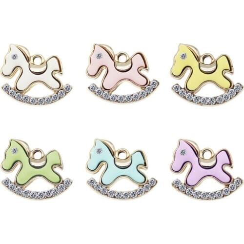 Julie Wang 6PCS Enamel Rocking Horse Charms With Rhinestone Alloy Mixed Gold Tone Pendants Bracelet Jewelry Making Accessory