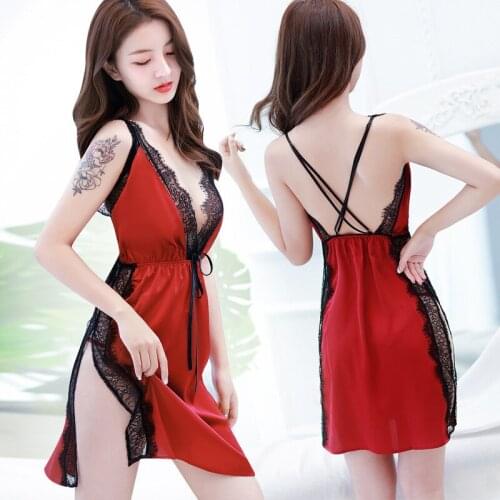 Sexy lingerie women underwear hot intimates lace nightgown sexy costumes deep V slip sleepwear robe Exotic Apparel