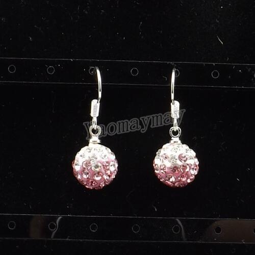 12 Pairs/Lot Gradient Pink 10mm Disco Balls Crystal Earring Hooks Free Shipping
