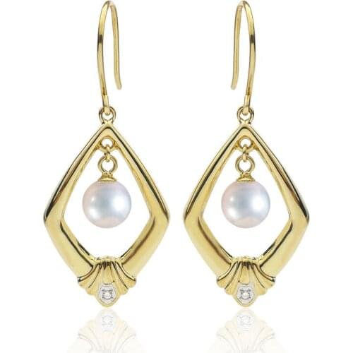 14K Yellow Gold AAA White Akoya Cultured Pearl Diamond Drop Earrings 5.5-6mm