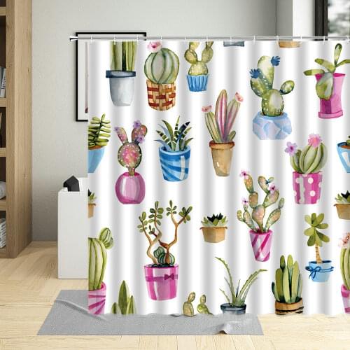 Cute Potted Plant Cactus Succulent Pattern Shower Curtain Waterproof Polyester Fabric Bathroom Curtains With 12 Hooks Home Decor