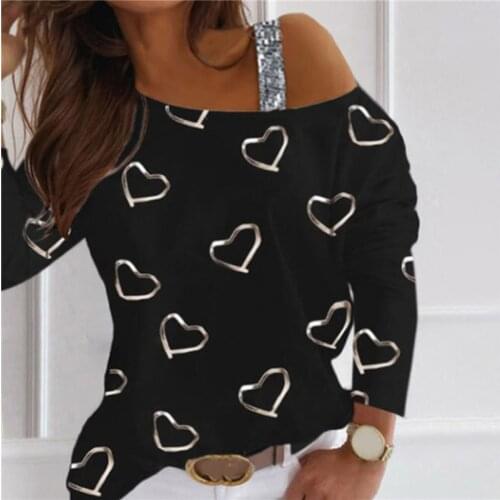 2021 New Ladies Top Good Quality Fashion Hot Selling Womens Clothes Love Print Halter Strapless Sexy Long Sleeve Casual T-Shirt