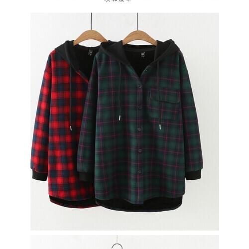 Plus size cotton jacket autumn winter new plus velvet lattice single-breasted hooded warm short thin cotton coat D142