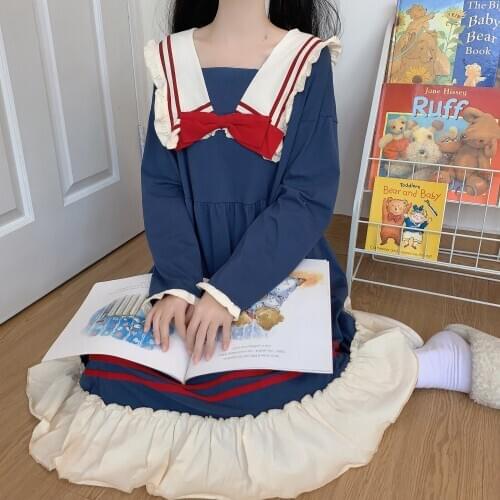 Womens Spring and Autumn 2020 New Nightdress Japanese Sweet Sailor Collar Bow Long Sleeves kawaii clothing sweet lolita dress