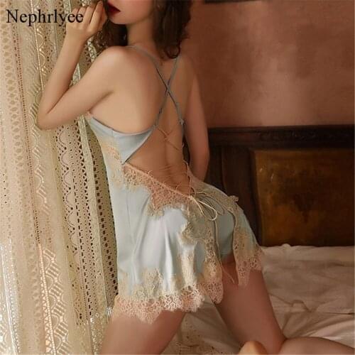 2021 New Sexy Night Dress Lace Nightgown Womens Lingerie Backless Lace Deep V-Neck Nightwear Silk Nightdress Homewear SLP007