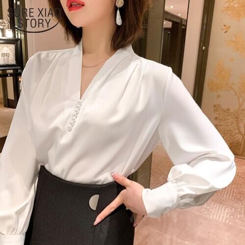 Korean Office Plus Size Chiffon Shirts Spring Autumn Lantern Sleeve V Neck Blouse Women Casual Beading Fashion Clothes 12270