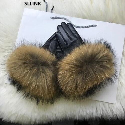 Real Raccoon Fur Gloves Womens Genuine Leather Gloves Fox Fur Big Raccoon Fur Sheepskin Gloves Female Winter Velvet Warm Touch