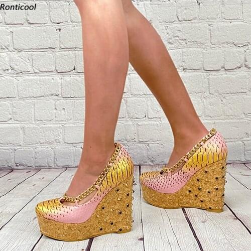 Ronticool Handmade Women Spring Pumps Studs Sexy Chain Wedges Heels Round Toe Pink Club Wear Shoes Women US Plus Size 5-20