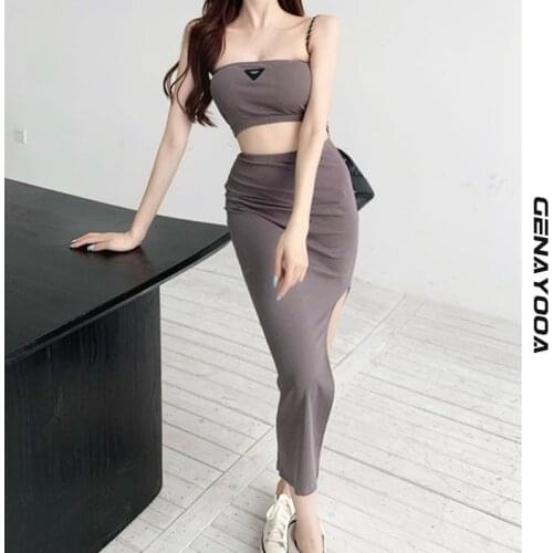 Genayooa Sleeveless Strapless 2 Piece Set Women Skirt And Top 2021 Summer Korean Slim Two Piece Suit Crop Tops Womens Outfits