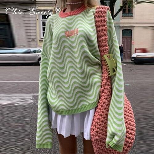 Knitted Striped Print Womens Loose Sweaters 2021 Autumn Long Sleeve O-neck Patchwork Pullovers Female Sweet Office Lady Tops