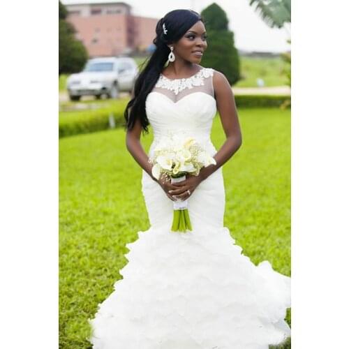 2021 New Scoop Ruffles Lace Luxury African Mermaid Wedding Dress White Bridal Gown For Black Women Robe De Mariage
