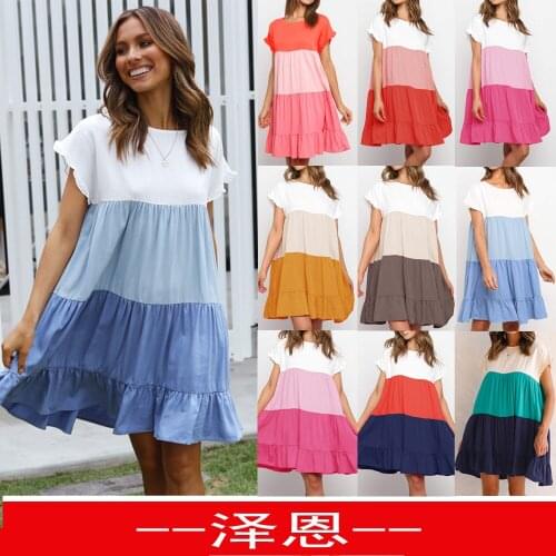 Elegant Summer New Ruffles Short Sleeve O-neck Loose Dress 2021 New Women Casual Patchwork Color Fashion Mini Vestidos Clothes