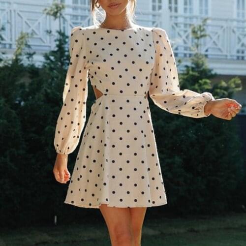 Vintage Polka Dot Dress for Autumn Winter Women Clothing Long Sleeve Mini Dress Backless Pink Lady Vestido Feminino