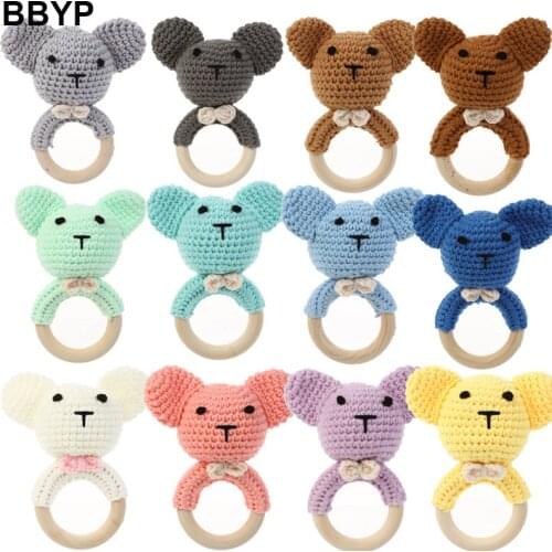 1-2Pcs Baby Teether Rattle Toys Bear Crochet Wooden Teething Ring Baby Teether Cot Hanging Toy Baby Products DIY Crafts