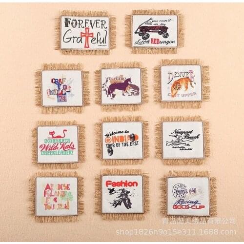 10pcs/lot Intage Sewn Print Hemp Tassel Patches Letters Clothing Decoration Accessories Cute Animals Diy Applique