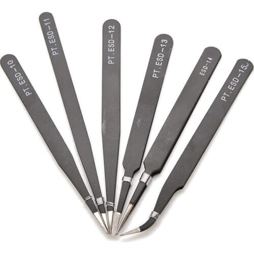 6PCS ESD Anti-Static Stainless Steel Tweezer Set Maintenance Repair Tool Kit Anti Static Model Making Tool Hand Tool Set
