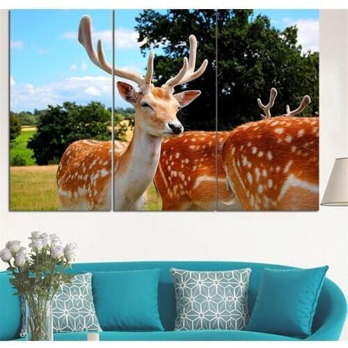 No Frame Deer Oil Painting Cartoon Animal Landscape Poster and Print Home Decor Canvas Art Wall Picture for Living Room 3 Pieces