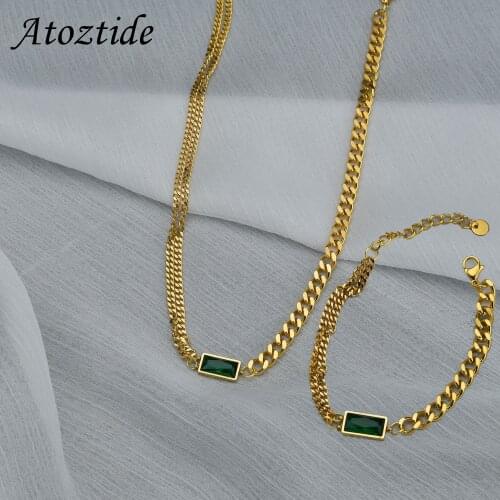 Atoztide Simple Green Square Diamond Bracelet and Necklace Stainless Steel Sets Gold Color Adjustable Pendant Love Jewelry Gift