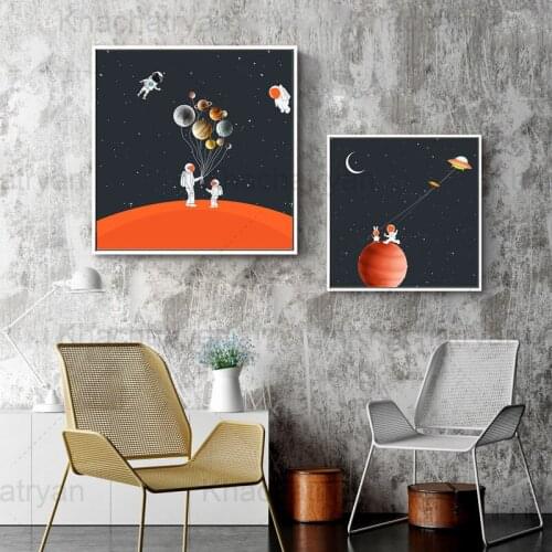 Universe Cartoon Decorative Poster Starry Sky Astronaut Cartoon Wall Canvas Painting Spaceship Planet Childrens Bedroom Print