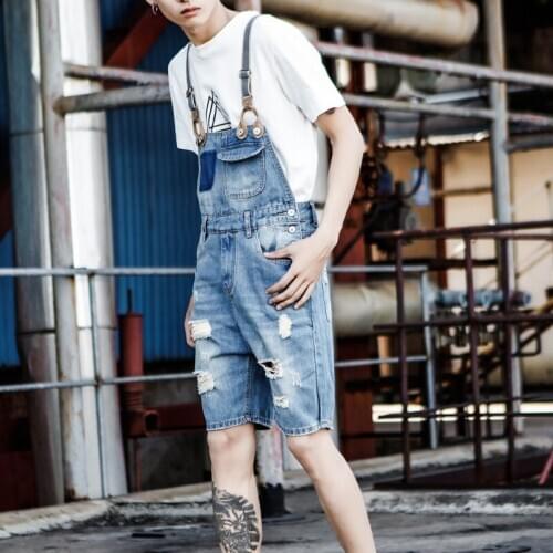 Denim Shorts Hot 2020 Summer New Bib pants Mens Denim Shorts Light blue travel Suspenders