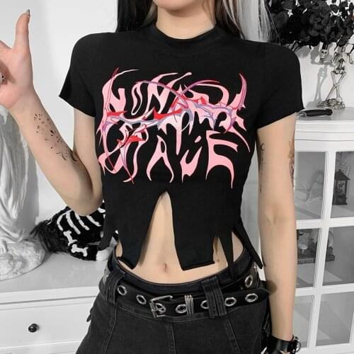 Girls Gothic Punk Cool Crop Top Fashion Short Sleeve T-shirt Printed Slim Irregular Exposed Navel Tops Women Suumer Clothes