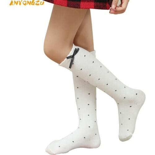 Girls High Socks Dots Bow knot Knee For Kids Casual Long Princess Black White Heel Style 3-8 Years Cotton Suitable for 14-19CM
