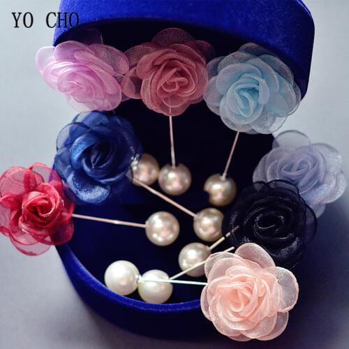 YO CHO Artificial Rose Flower Men Corsage Groom Boutonniere Wedding Boutonniere Fake Pearl Brooch Party Prom Meeting Corsage
