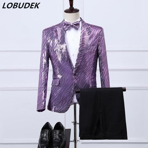 Three Pieces Set Mens Purple Pink Green Sequins Blazers Suits Host Stage Nightclub Bar Performance Costume Jacket+Tie+Pants