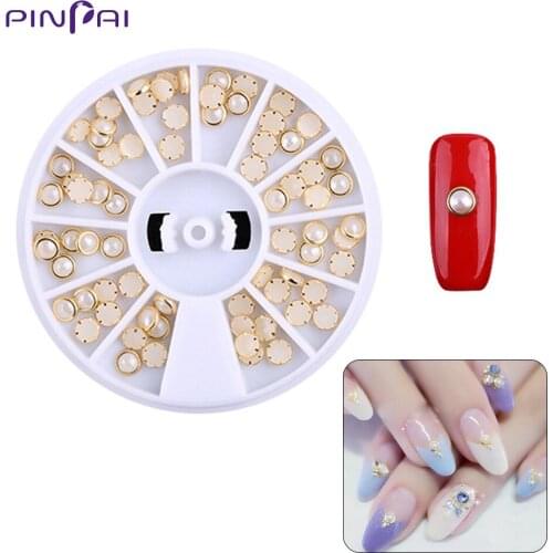 Pinpai 4mm Colorful Half Round Pearls Metal Rhinestone Manicure DIY Nail Beads Beauty Glitter Nail Art Decoration Accessories