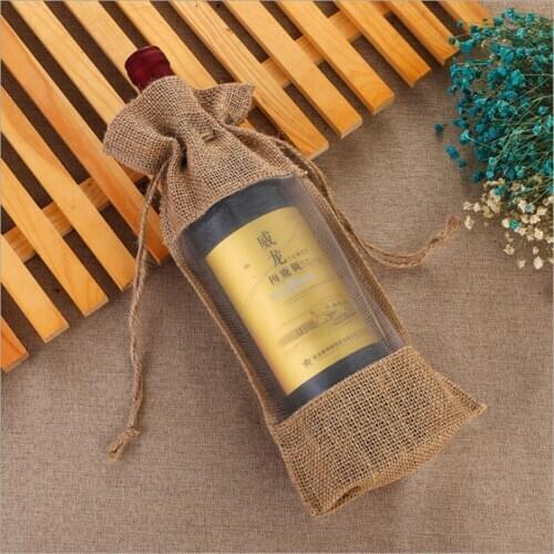 2019 new window opening bottom linen 14*30cm gift wine bag environmental beam burlap bag outside lock yellow linen wine bag