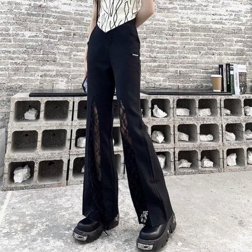 Fashion trend womens lace stitching high-waist casual wide-leg trousers thin micro-cut solid color straight trousers S-5XL