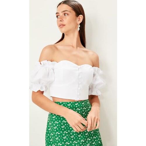 Raw white Button Detail Crop Top Blouse TWOSS19EH0184