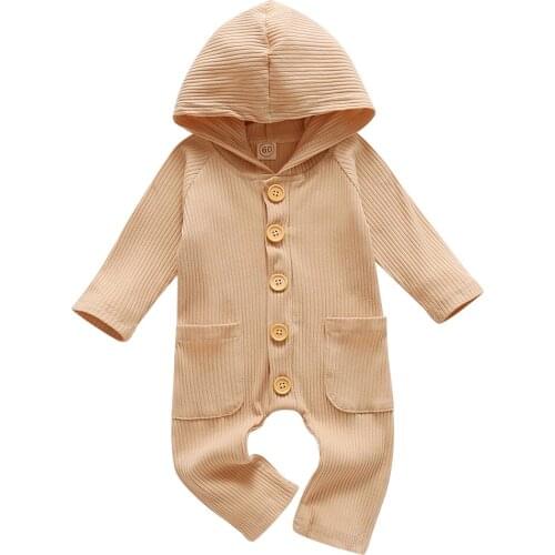 Newborn Toddler Kids Baby Boy Girl Romper Solid Color Long Sleeve Single Breasted Pocket Hooded Romper Jumpsuit for Baby