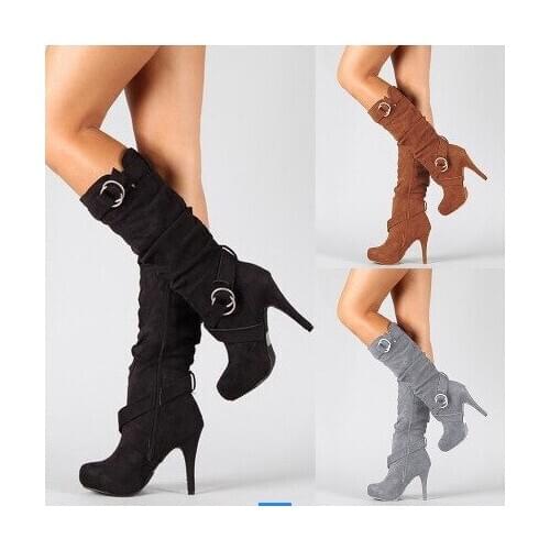 2020 hot style high heel stovepipe elastic boots with belt buckle foreign trade large size waterproof platform thick heel boots