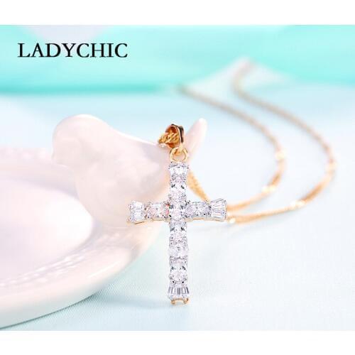 LADYCHIC Luxury Crystal Cross Pendant Necklace for Girls & Women Shining Oval Cut Big Zircon Necklaces Jewelry Wholesale LN1061