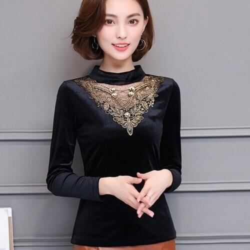Winter Fall Fashion Women Warm Fleece Long Sleeve Lace Patchwork Turtleneck Velour Shirt , Tops , Spring Woman 4xl Velvet Shirts