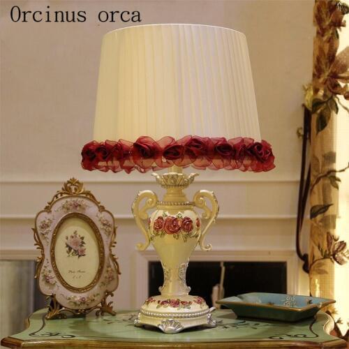 European style garden resin red desk lamp bedroom wedding gift fabric decoration table lamp free shipping