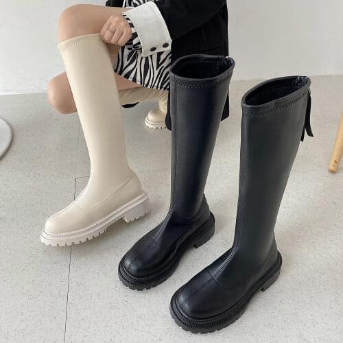 Women Thigh High Boots Knee-High Round Toe Leather Waterproof Boots Zipper Plush Lining Non-slip Female Winter Boots