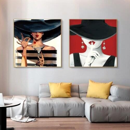 Sexy Girl with Black Hat Red Lips Canvas Art Paintings Wall Pop Art Canvas Prints Modern Model Canvas Pictures Wall Decor
