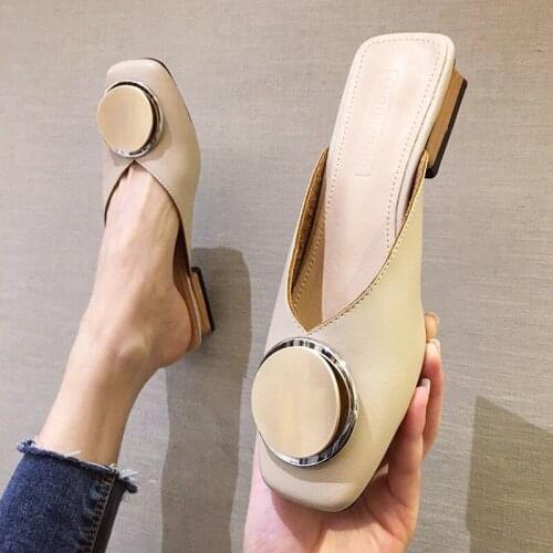 Da Yinni full-leather thick-heeled Baotou half slippers for womens outer wear new mid-heel slippers fairy wind sandals