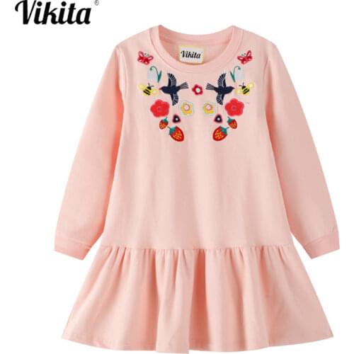 VIKITA Children Embroidery Dresses Girls Dresses for Autumn Kids Cotton Clothing Toddlers Casual Wear Children Clothing