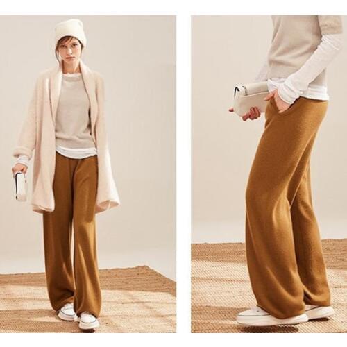 Goat cashmere wool knit women fashion wide leg pants full length trousers S-XL retail wholesale customize
