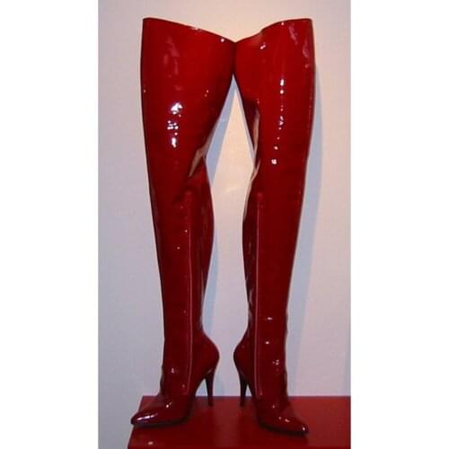 Red Patent Leather Thigh High Boots Zipper Solid Stiletto High Heel Sexy Pointy Toe Dress Women Boots Runway Winter Autumn Boots